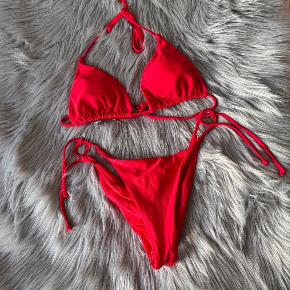 Red Micro Halter Bikini Set Ruched Back - Picture 3 of 7